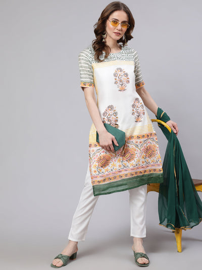 White Block Printed Kurta Pant With Dupatta