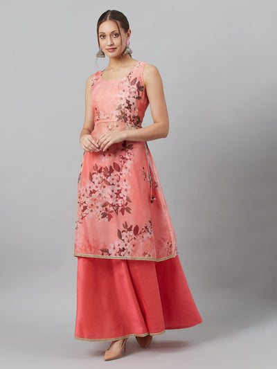 Peach Floral Print A-line Kurta With Skirt