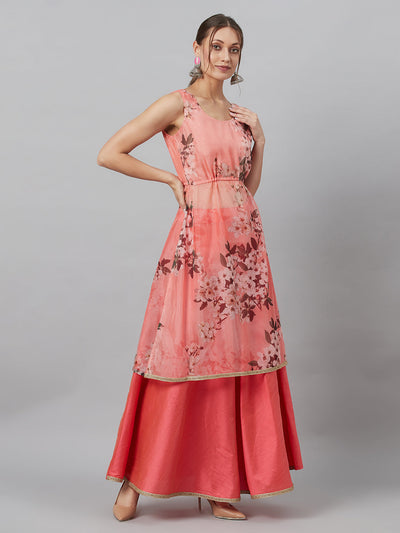 Peach Floral Print A-line Kurta With Skirt