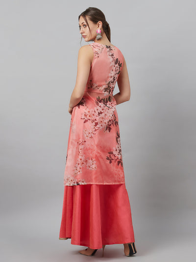 Peach Floral Print A-line Kurta With Skirt