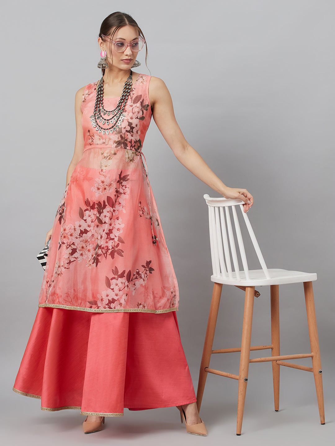 Peach Floral Print A-line Kurta With Skirt