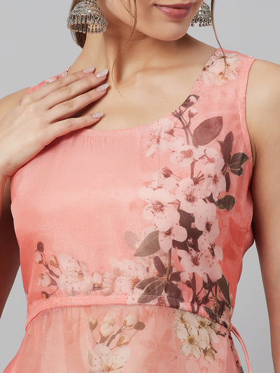 Peach Floral Print A-line Kurta With Skirt