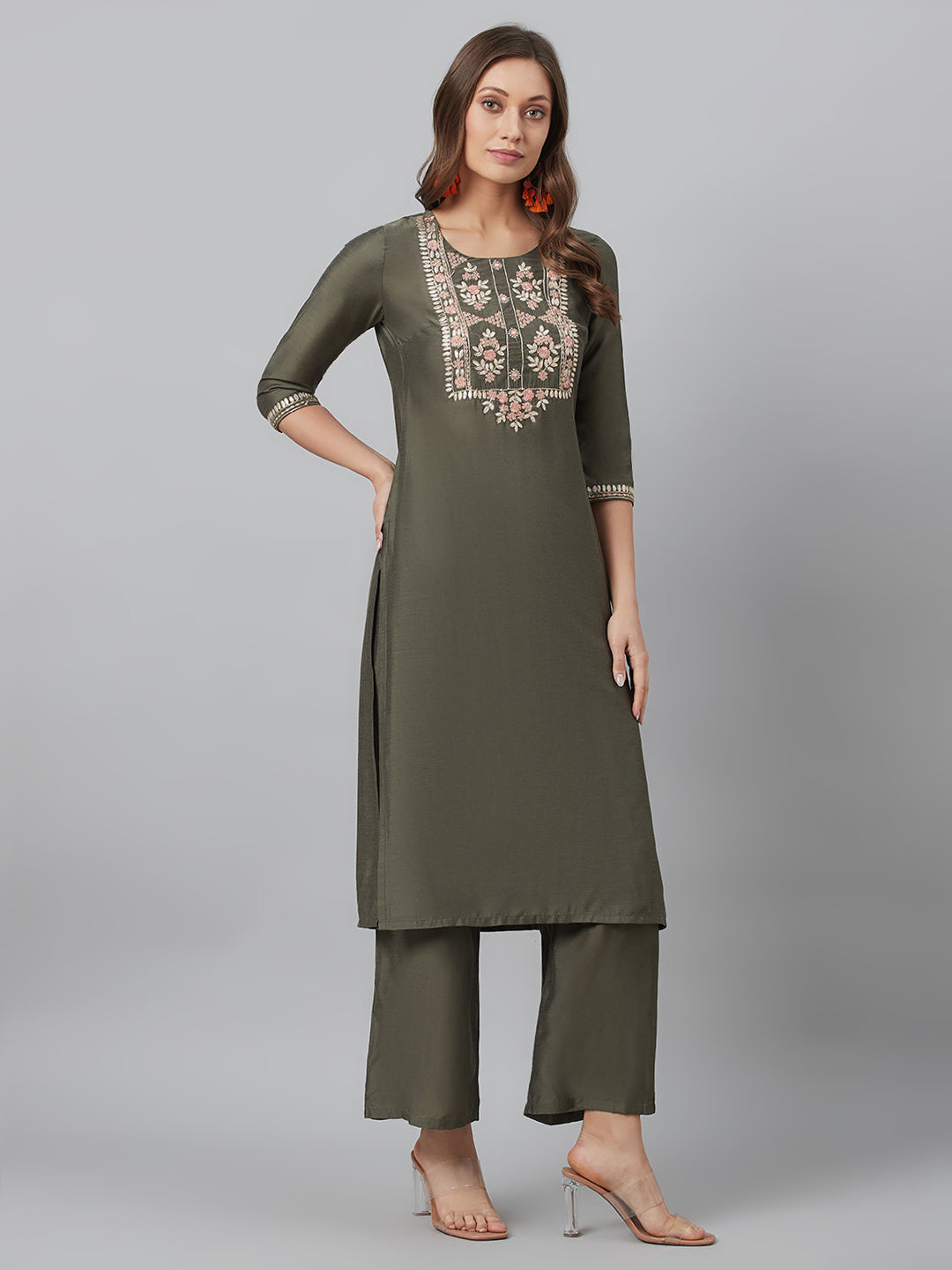 Grey Embroidered Kurta Palazzo With Dupatta