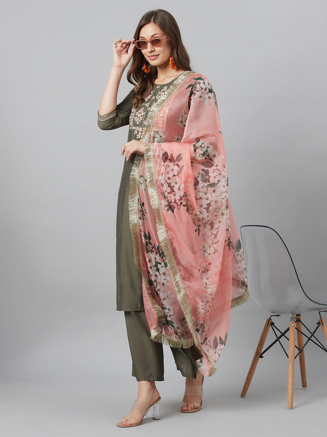 Grey Embroidered Kurta Palazzo With Dupatta