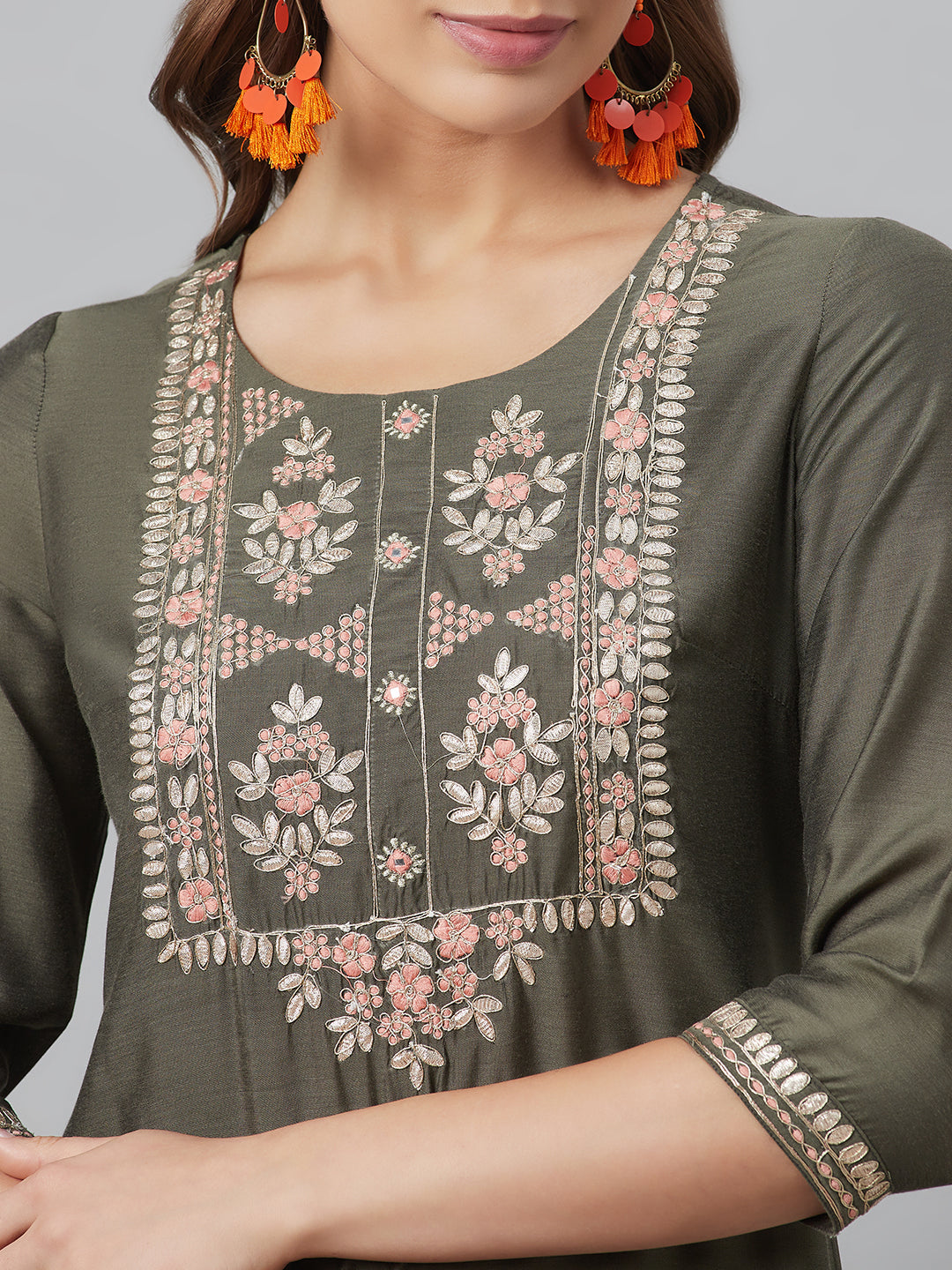 Grey Embroidered Kurta Palazzo With Dupatta