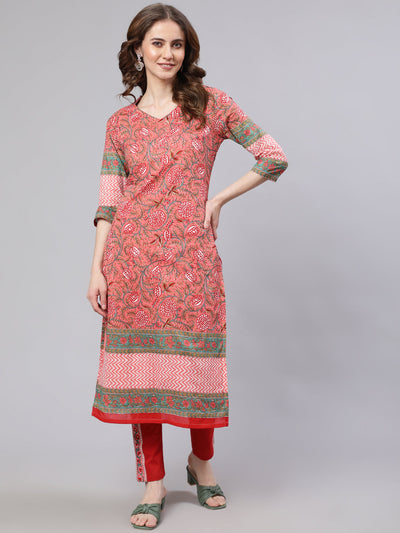 Pink Floral Print Kurta With Pant