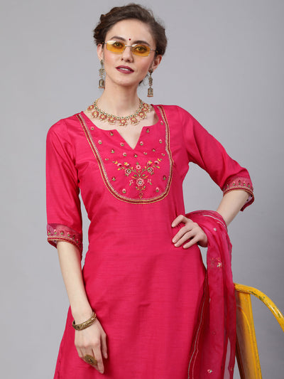 Red Embroidered Kurta Pant With Dupatta