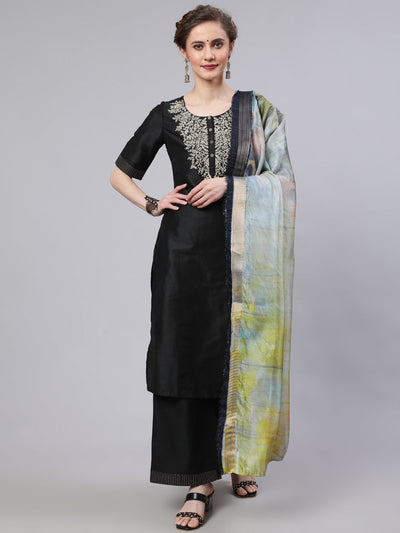 Black Embroidered Kurta Palazzo With Dupatta