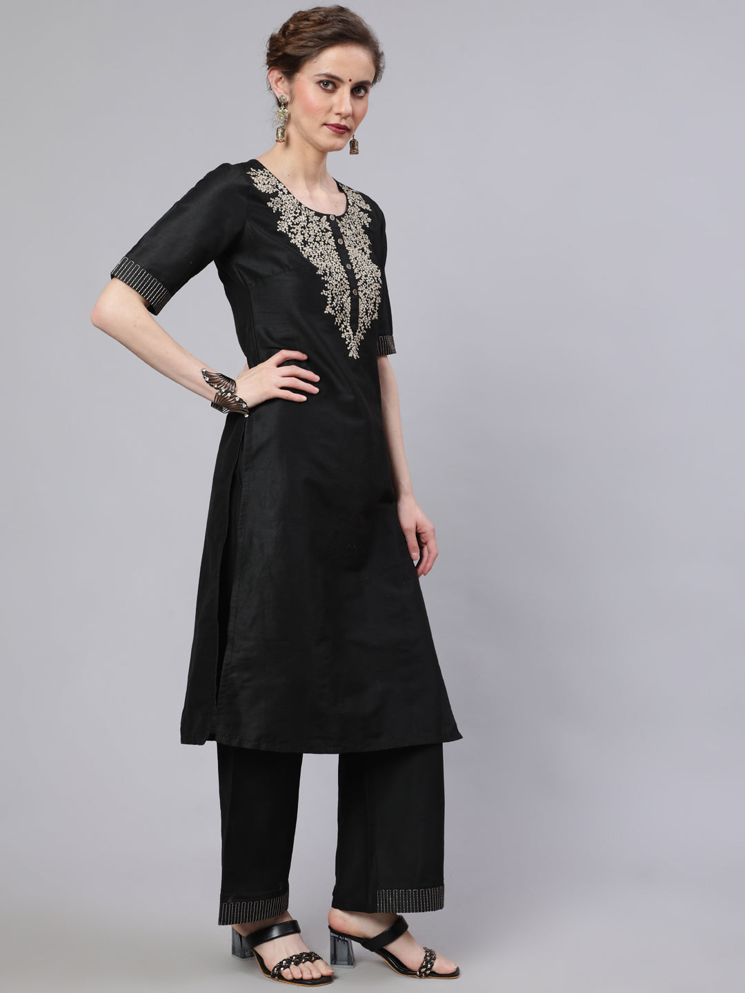 Black Embroidered Kurta Palazzo With Dupatta