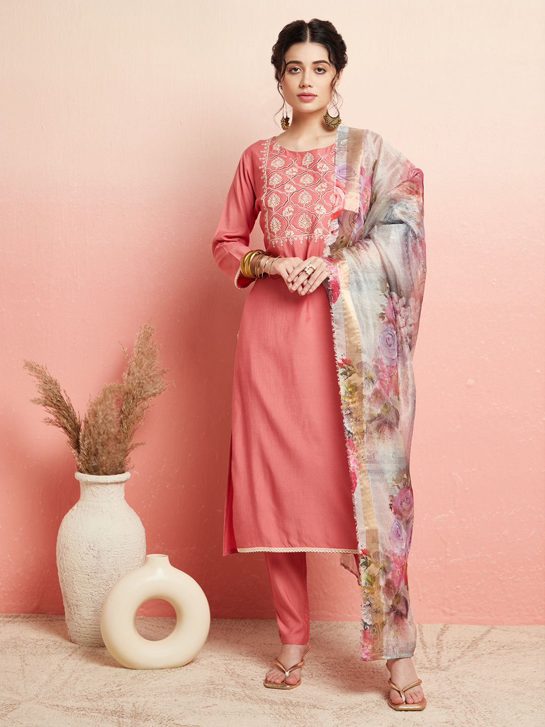 Peach Embroidered Kurta Pant With Dupatta