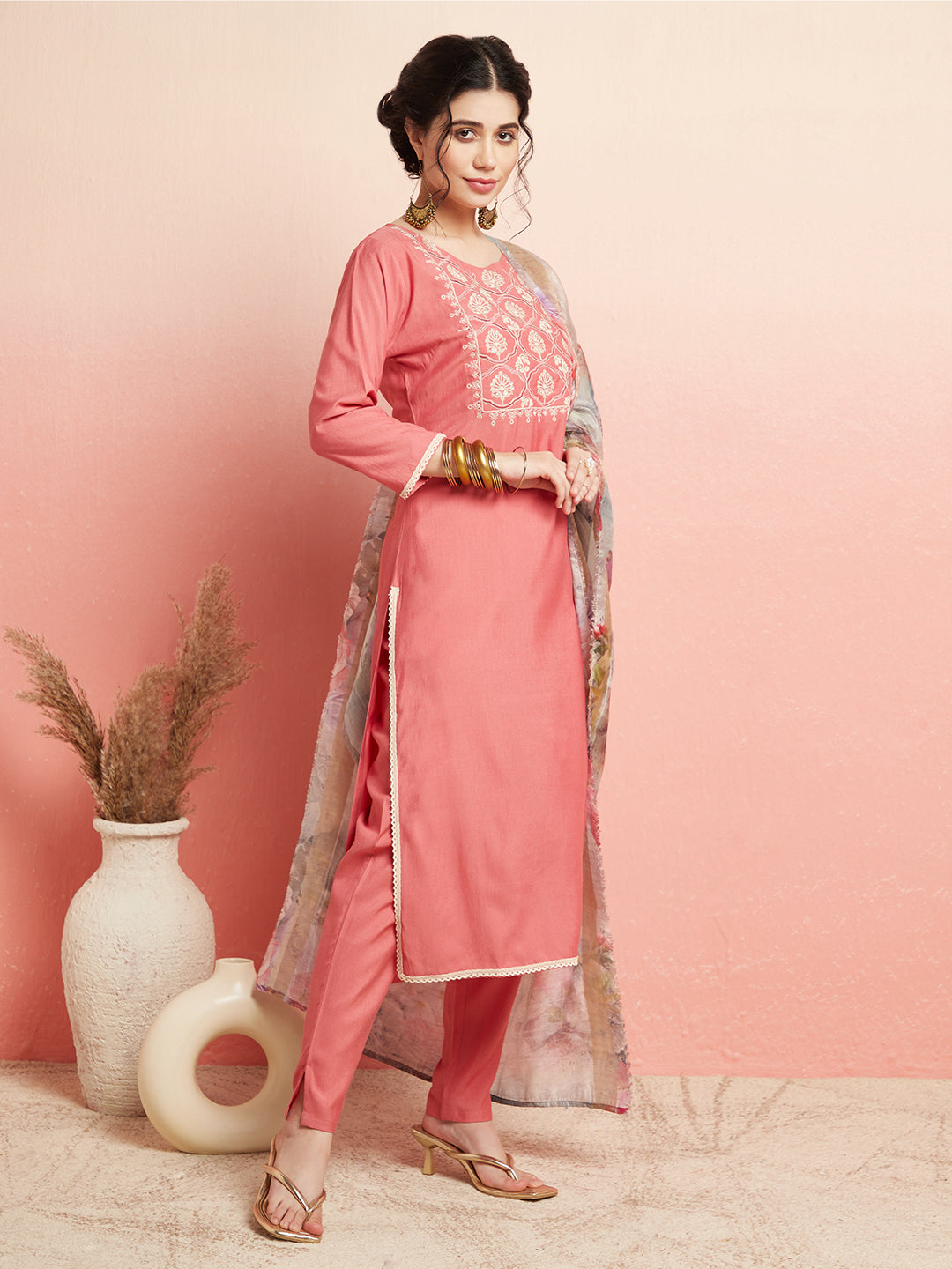 Peach Embroidered Kurta Pant With Dupatta