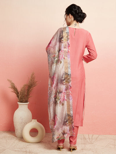 Peach Embroidered Kurta Pant With Dupatta