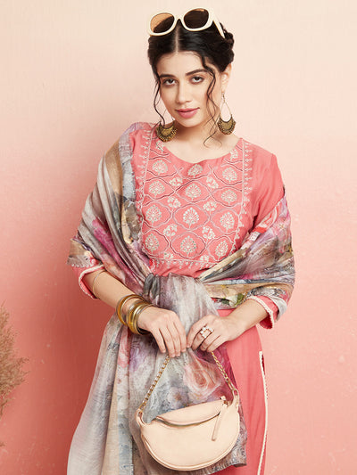 Peach Embroidered Kurta Pant With Dupatta