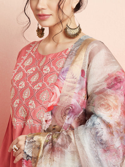 Peach Embroidered Kurta Pant With Dupatta