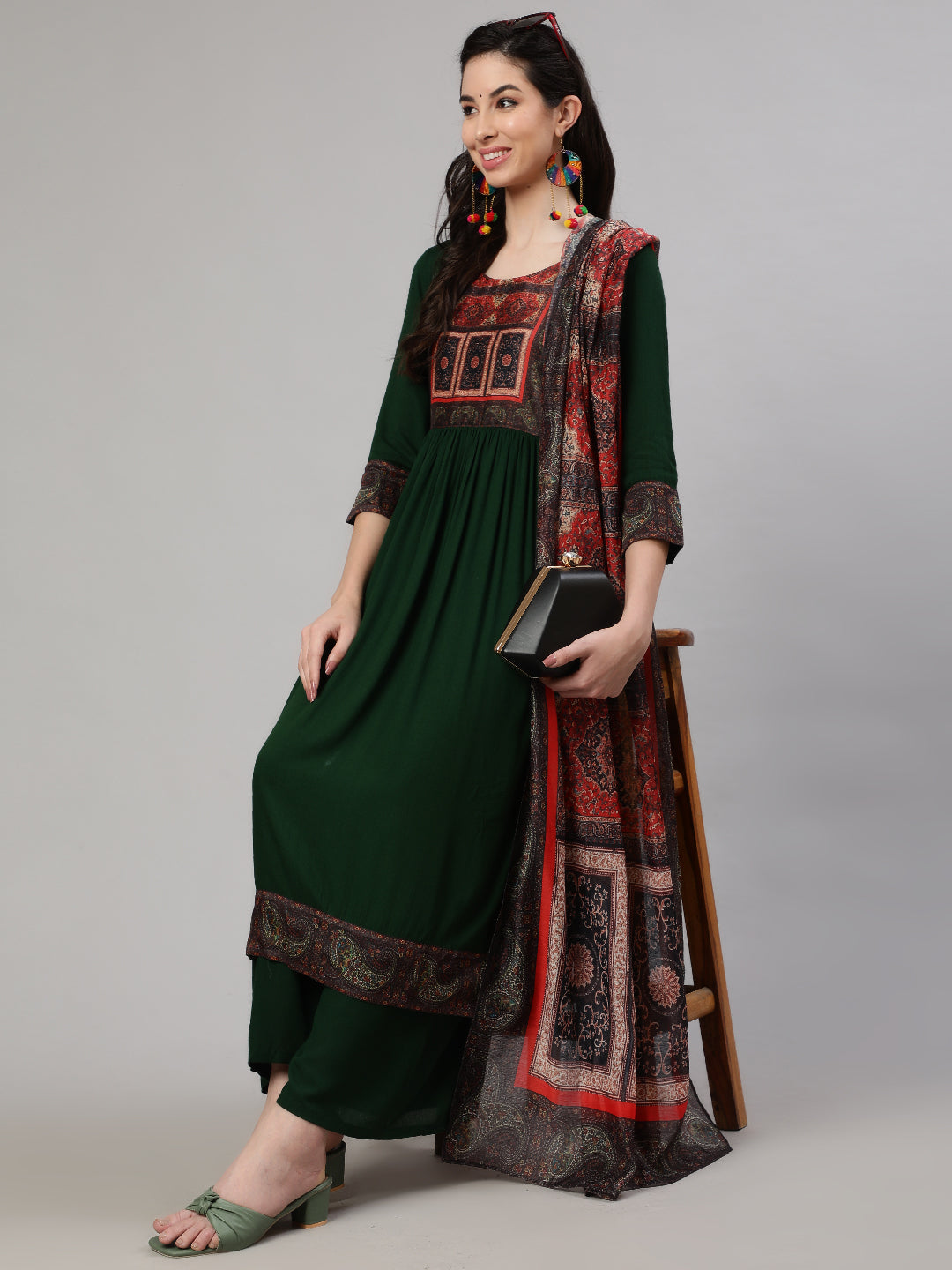 Green Printed Nyra-Cut Kurta Palazzo With Dupatta