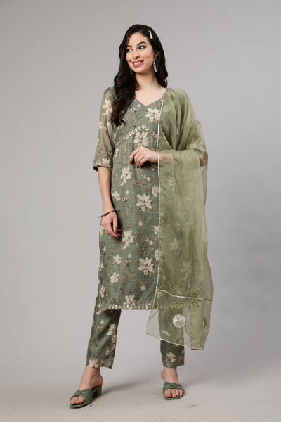 Green Floral Print Alia-Cut Kurta Pant With Dupatta