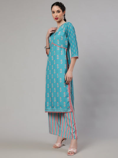 Blue Floral Print Alia-Cut Kurta Palazzo With Dupatta