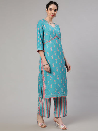 Blue Floral Print Alia-Cut Kurta Palazzo With Dupatta