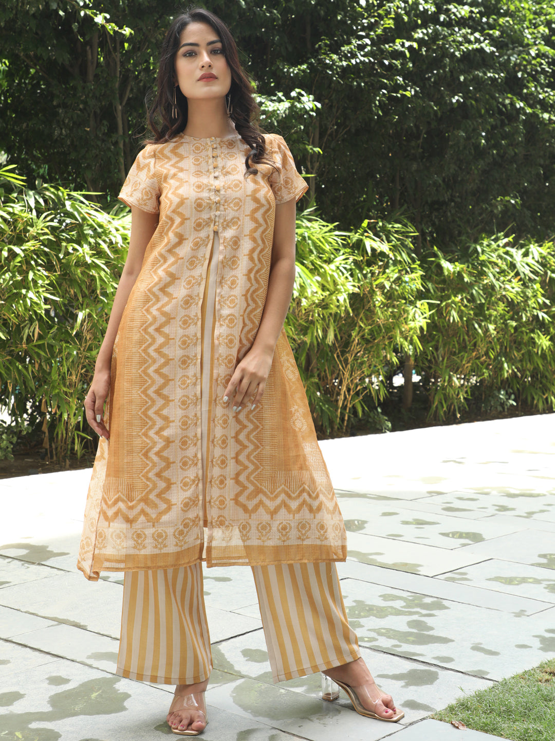 Mustard Striped Layered Kurta With Palazzo