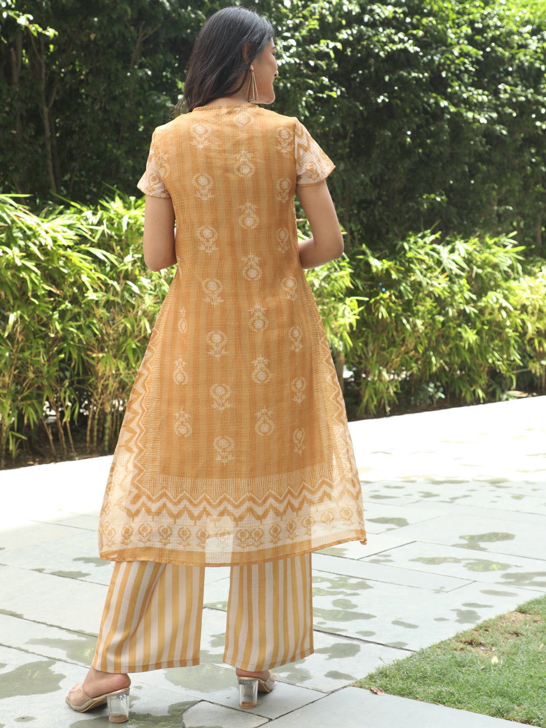 Mustard Striped Layered Kurta With Palazzo