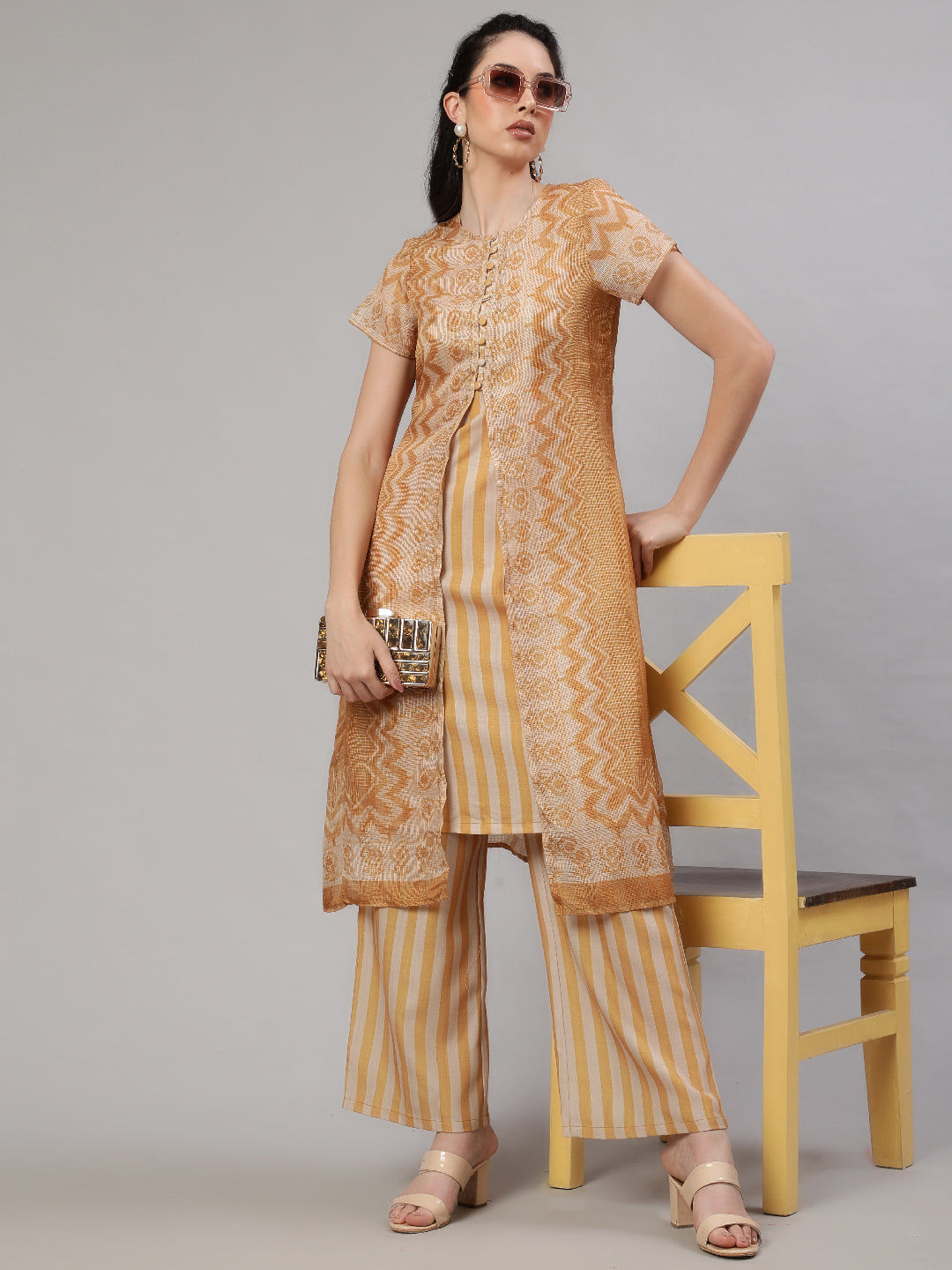 Mustard Striped Layered Kurta With Palazzo