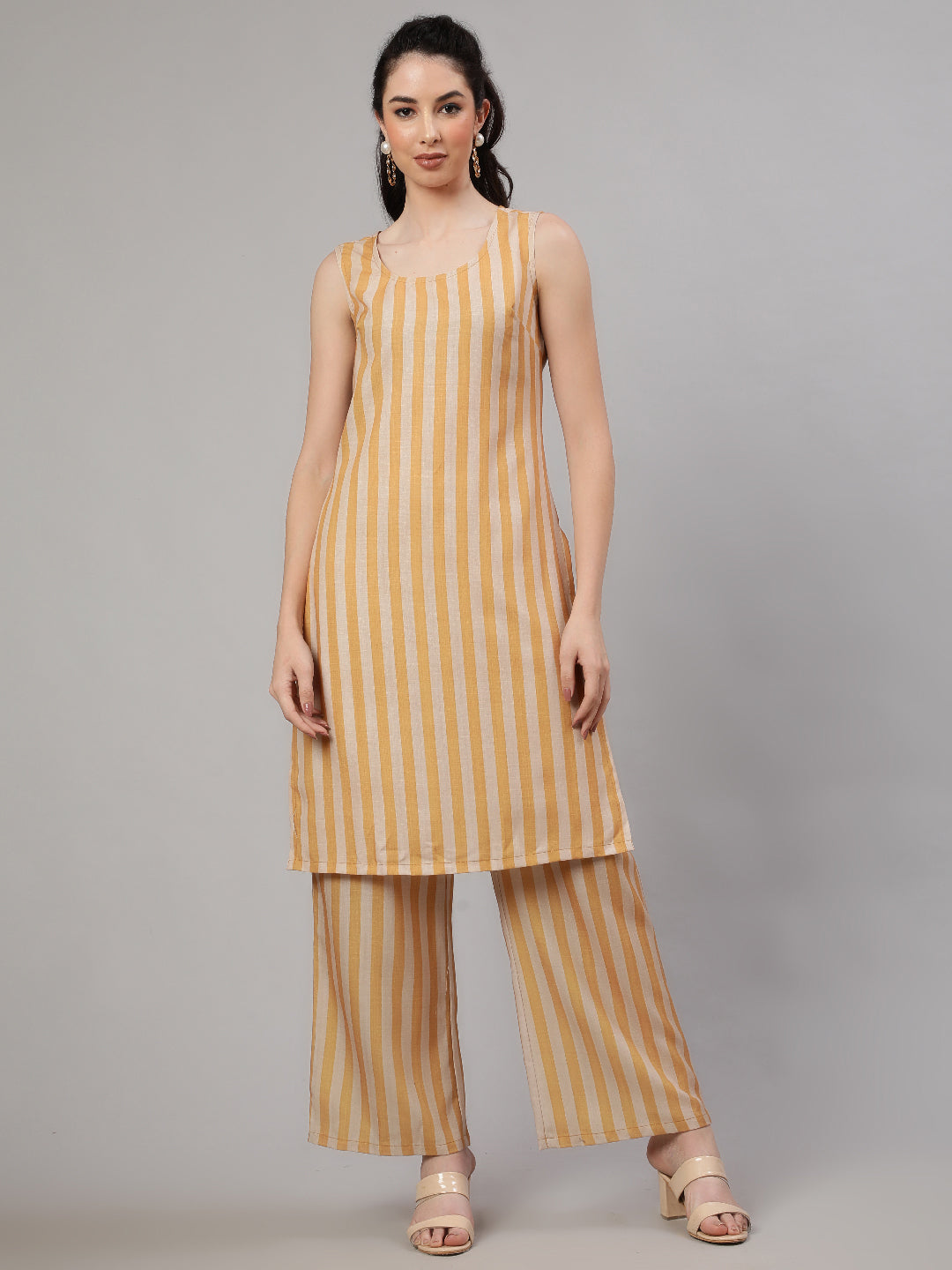 Mustard Striped Layered Kurta With Palazzo