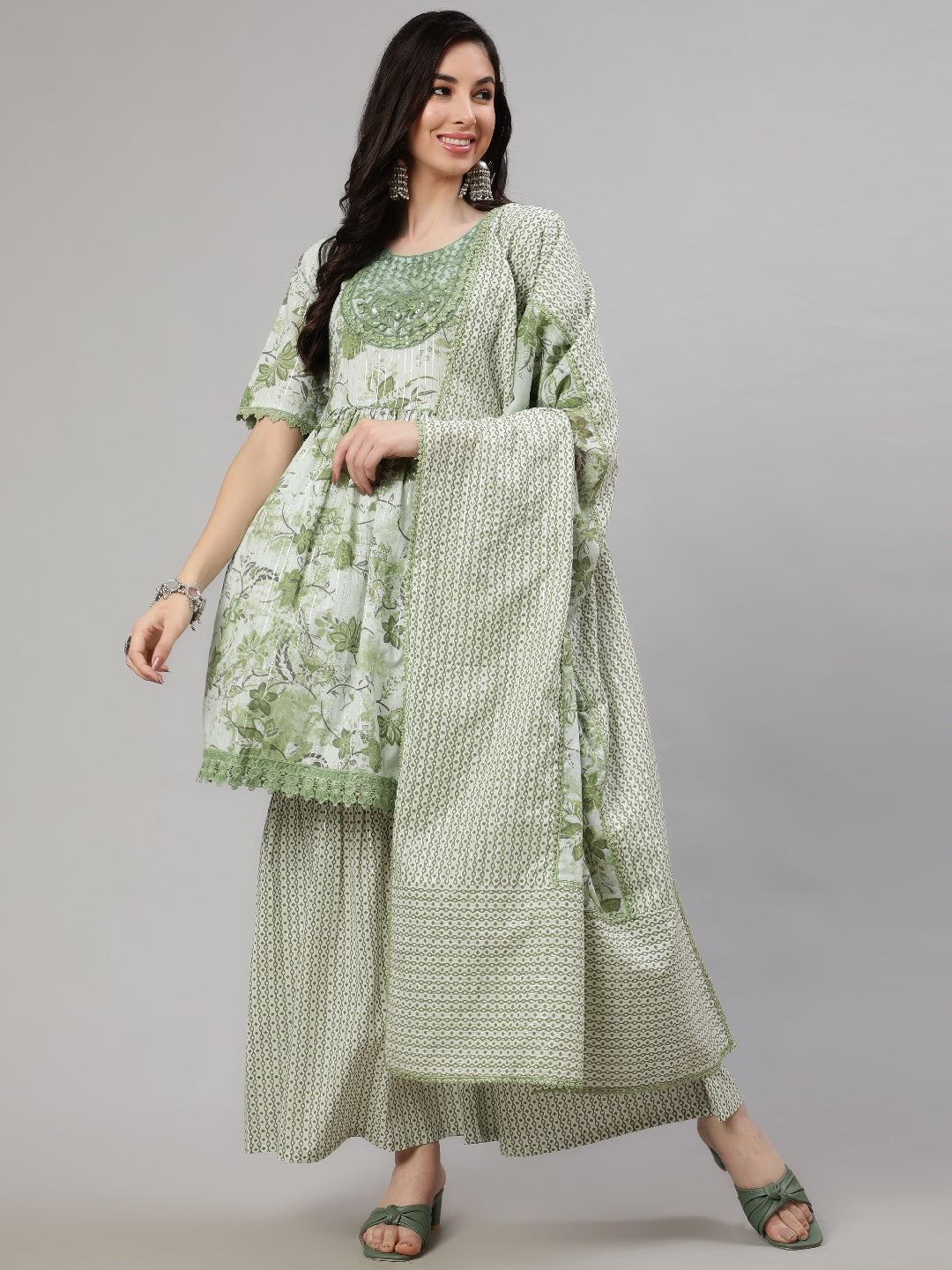 Green Printed Kurta Sharara With Dupatta