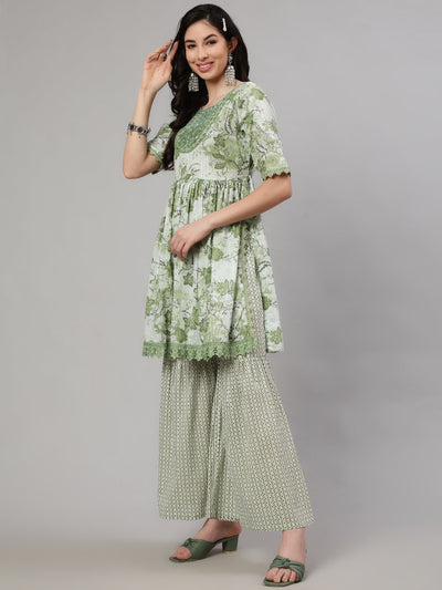 Green Printed Kurta Sharara With Dupatta