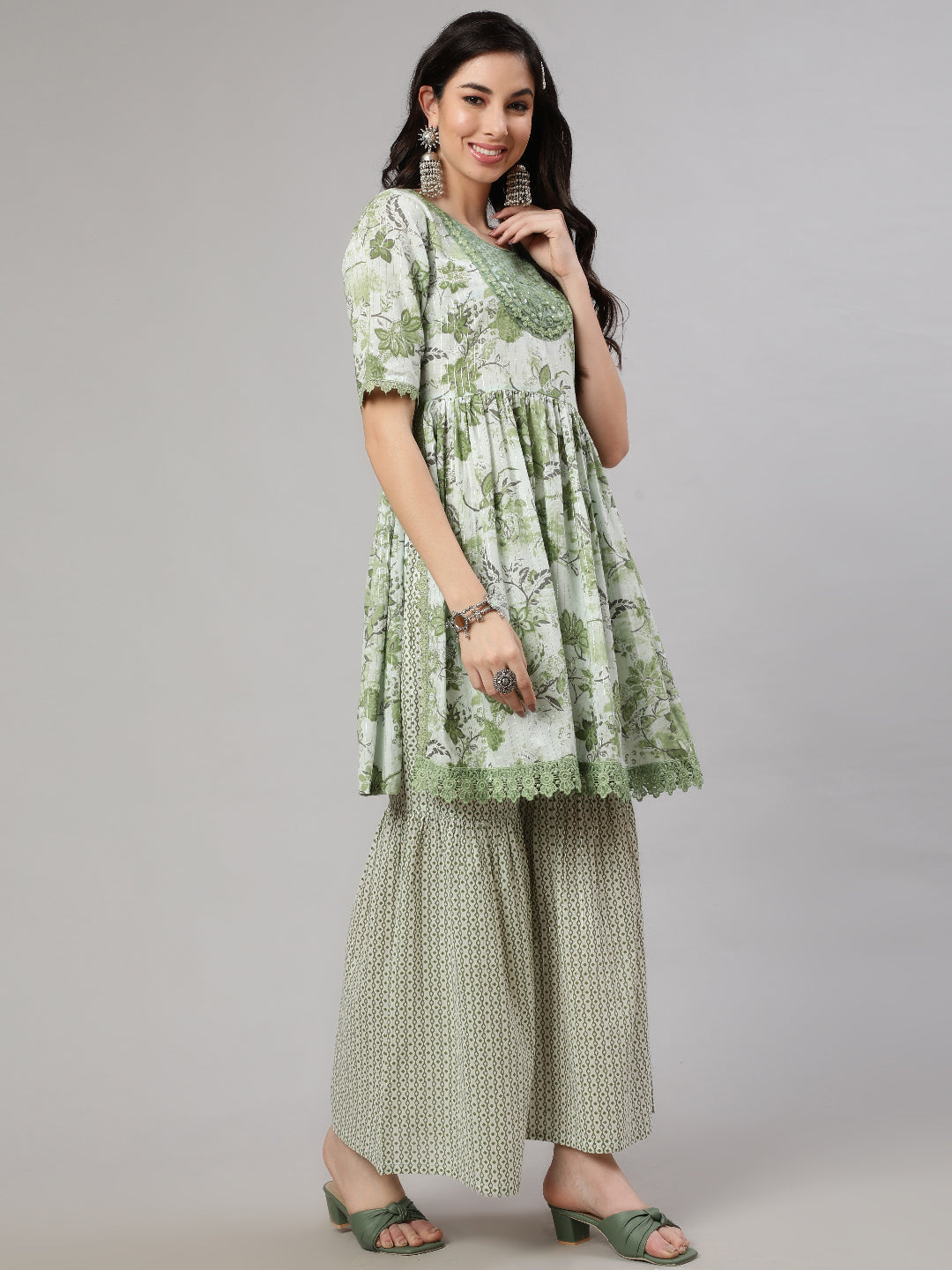 Green Printed Kurta Sharara With Dupatta