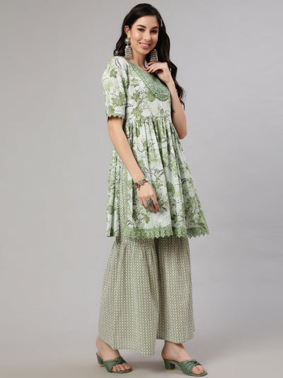 Green Printed Kurta Sharara With Dupatta