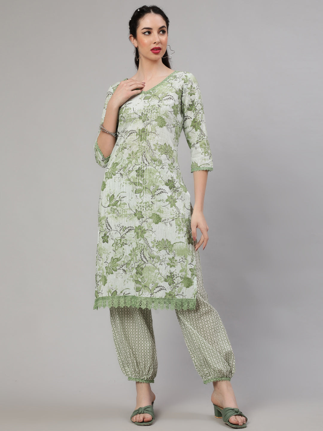 Green Floral Print Kurta With Palazzo