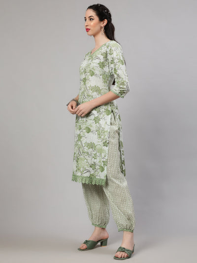 Green Floral Print Kurta With Palazzo