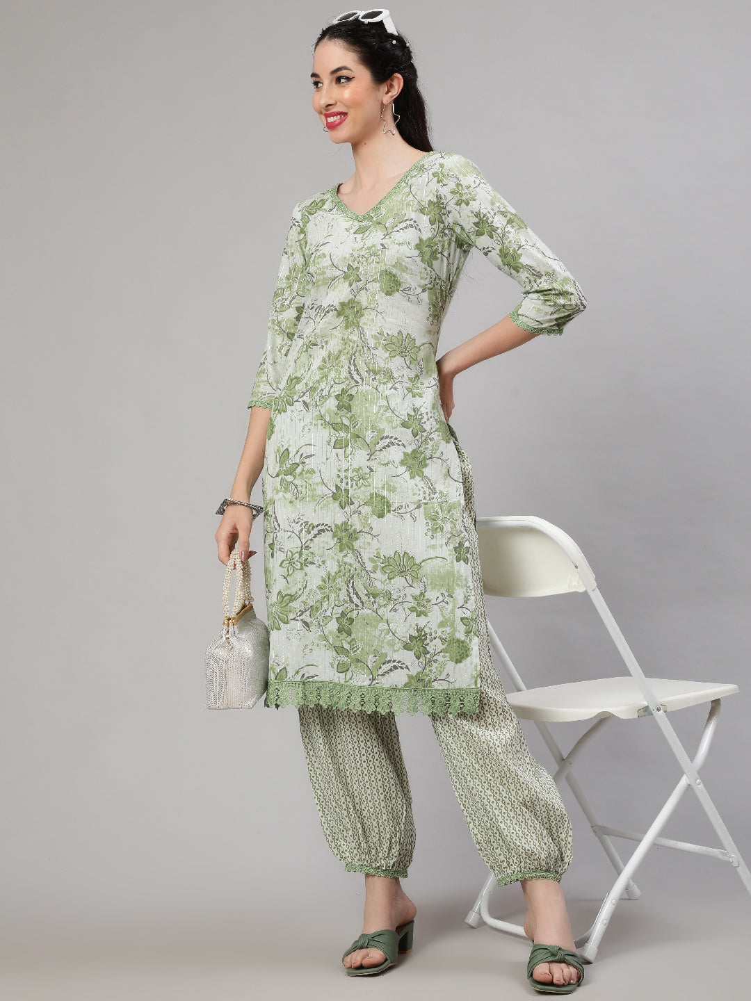 Green Floral Print Kurta With Palazzo