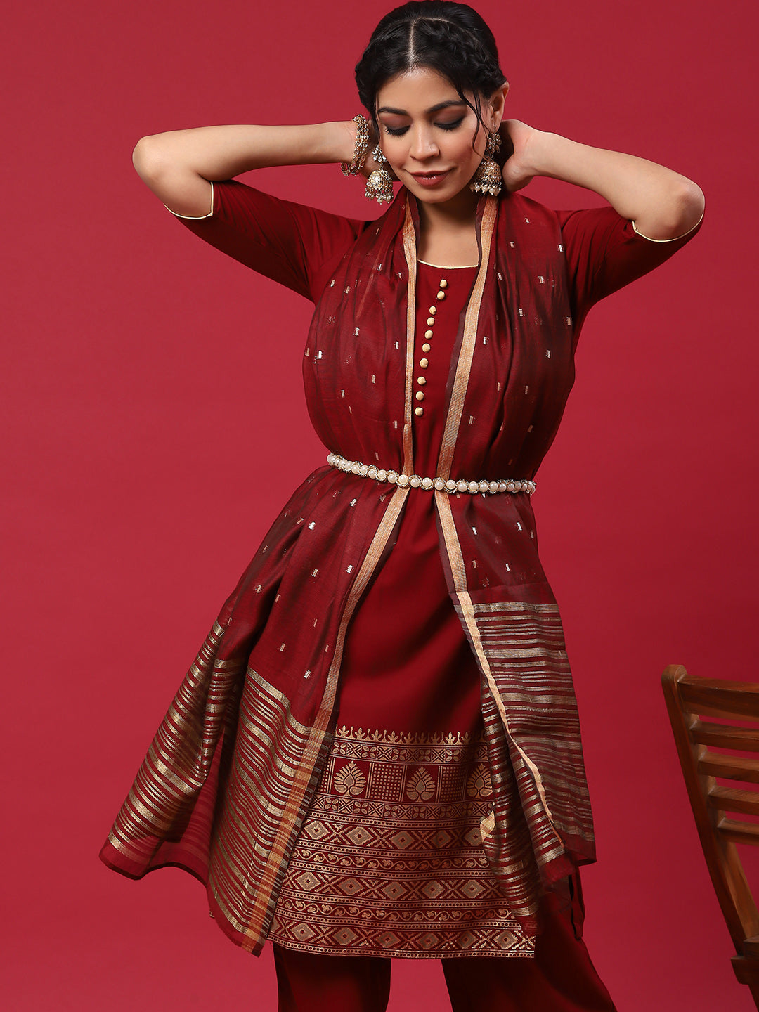 Maroon Printed Kurta Palazzo With Dupatta