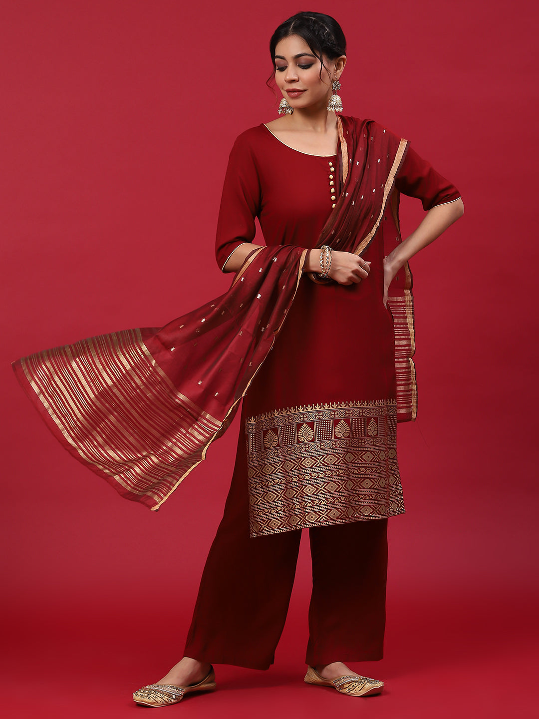 Maroon Printed Kurta Palazzo With Dupatta