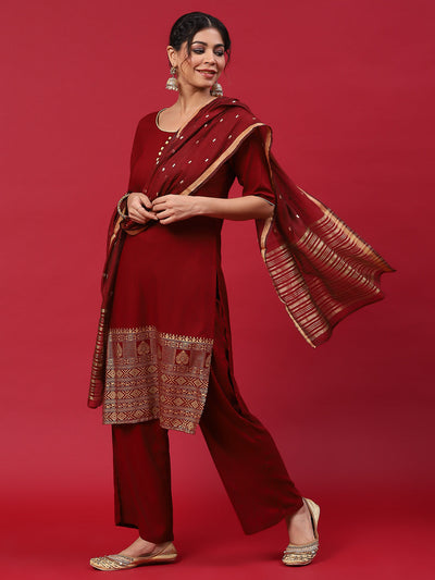 Maroon Printed Kurta Palazzo With Dupatta