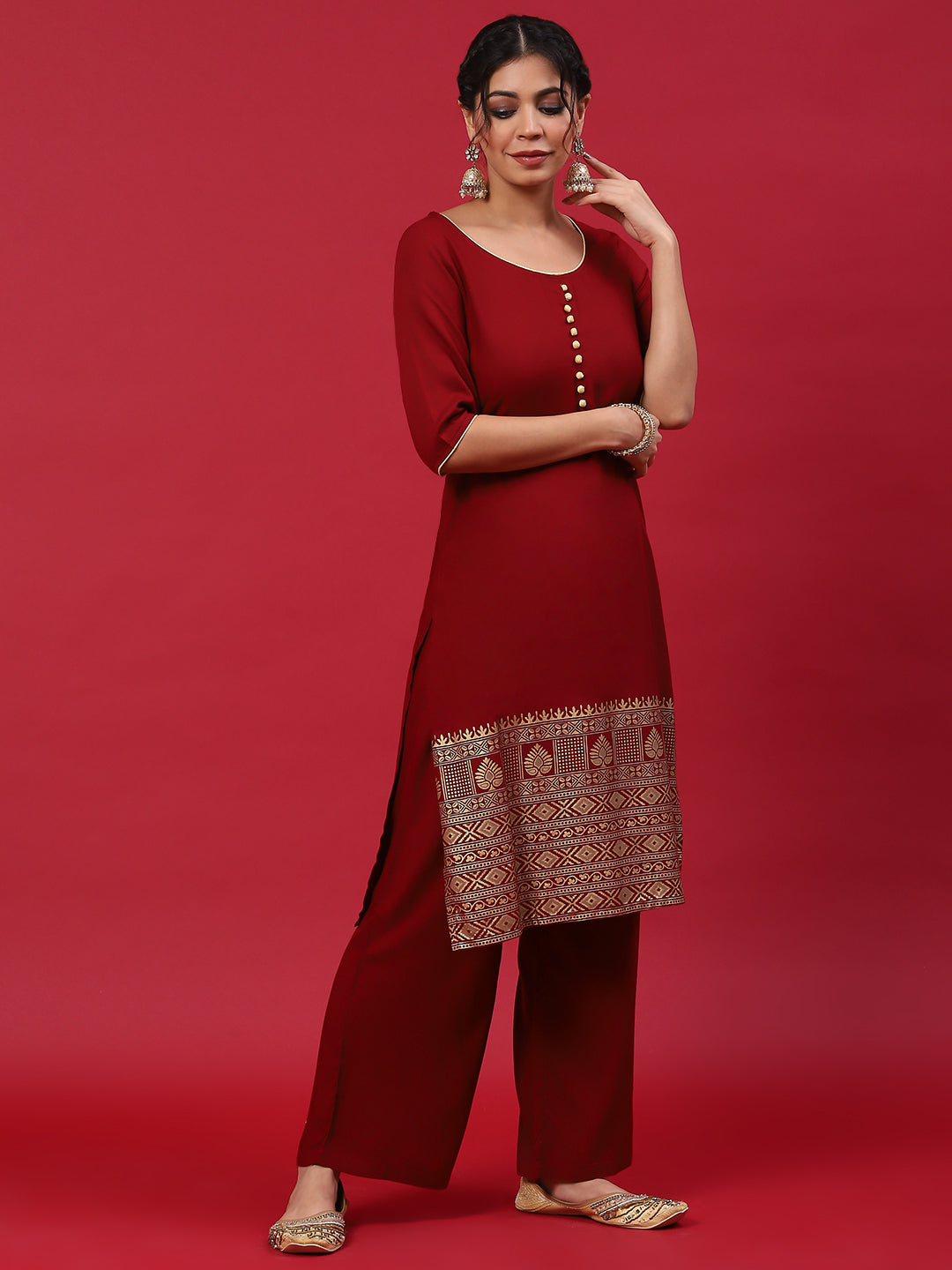 Maroon Printed Kurta Palazzo With Dupatta