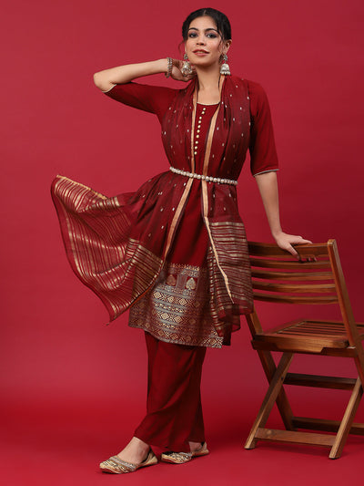 Maroon Printed Kurta Palazzo With Dupatta