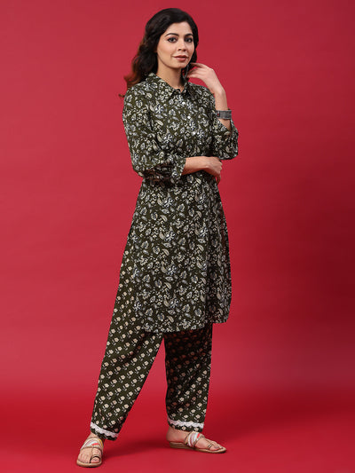 Green Floral Print Pakistani Kurta With Salwar