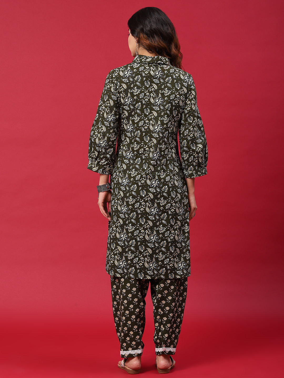 Green Floral Print Pakistani Kurta With Salwar