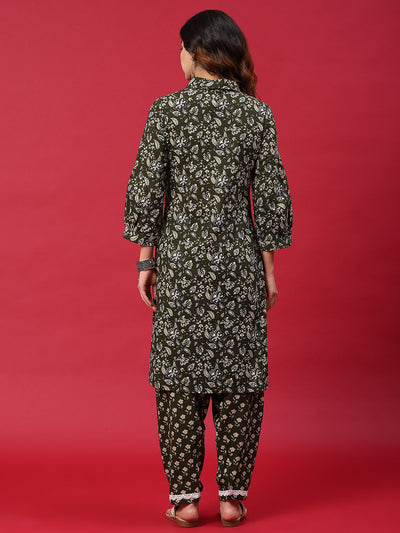 Green Floral Print Pakistani Kurta With Salwar