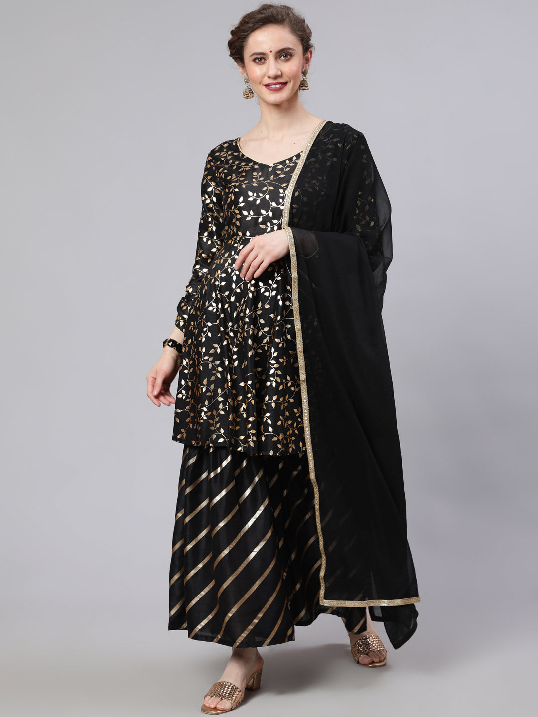 Black Foil Print Kurta Sharara With Dupatta