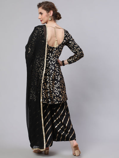 Black Foil Print Kurta Sharara With Dupatta