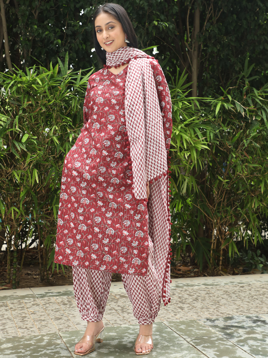 Maroon Floral Print Kurta Palazzo With Dupatta