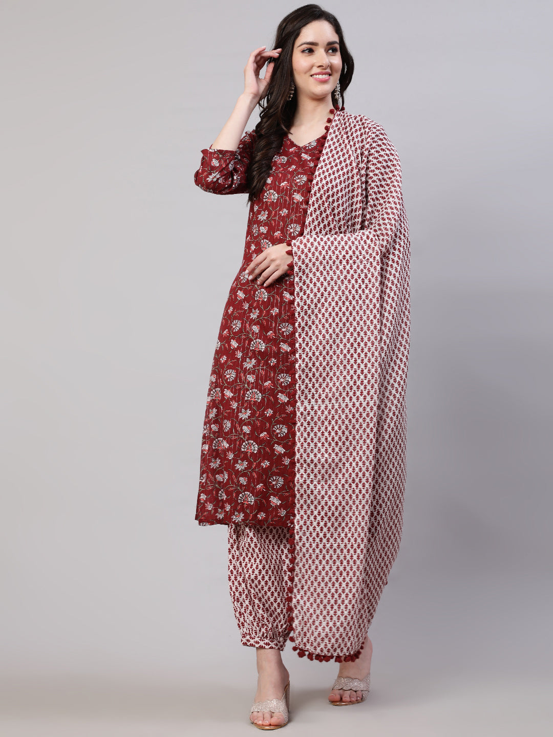 Maroon Floral Print Kurta Palazzo With Dupatta