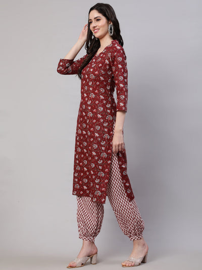 Maroon Floral Print Kurta Palazzo With Dupatta