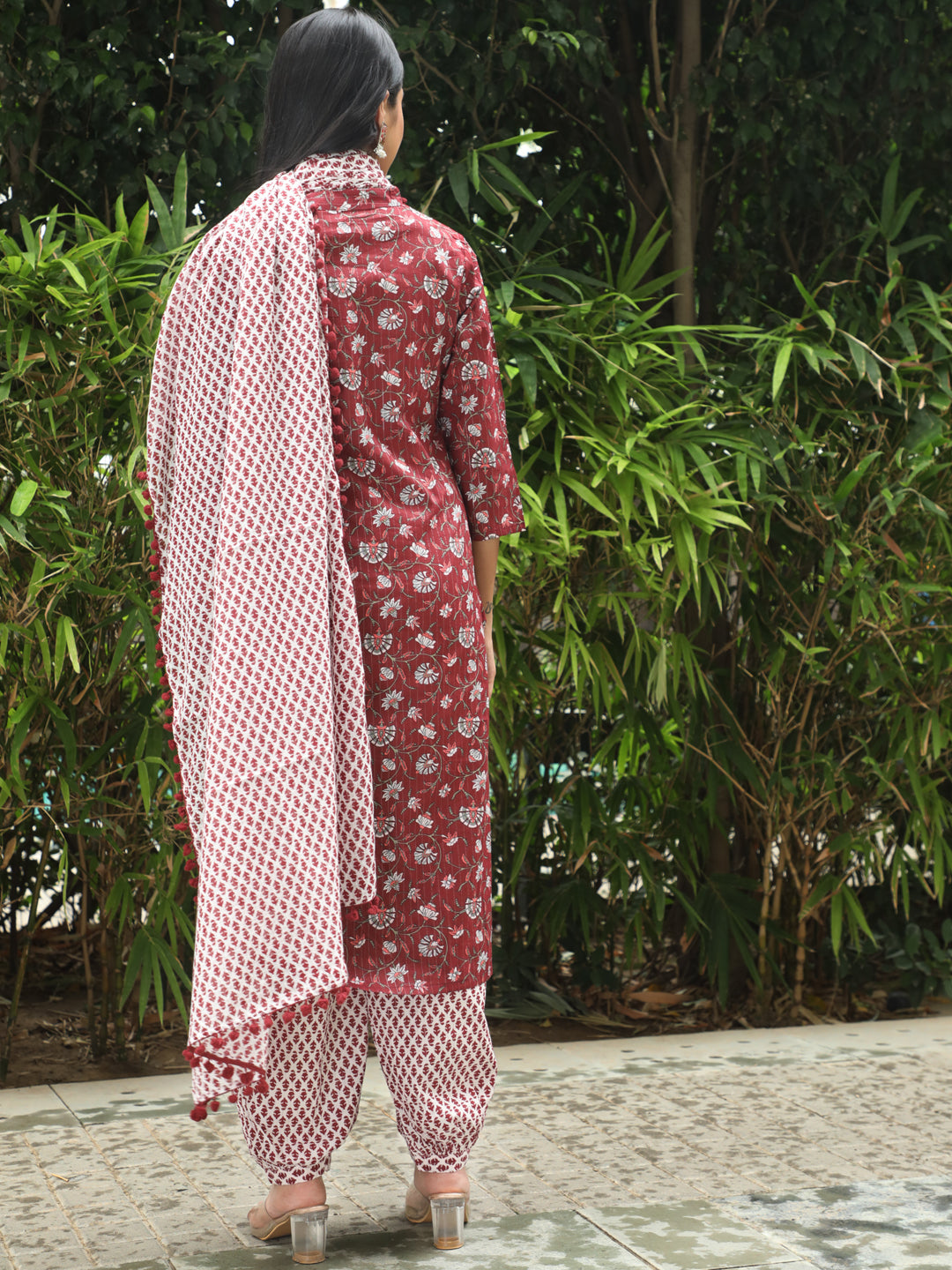 Maroon Floral Print Kurta Palazzo With Dupatta