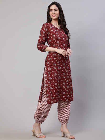 Maroon Floral Print Kurta Palazzo With Dupatta