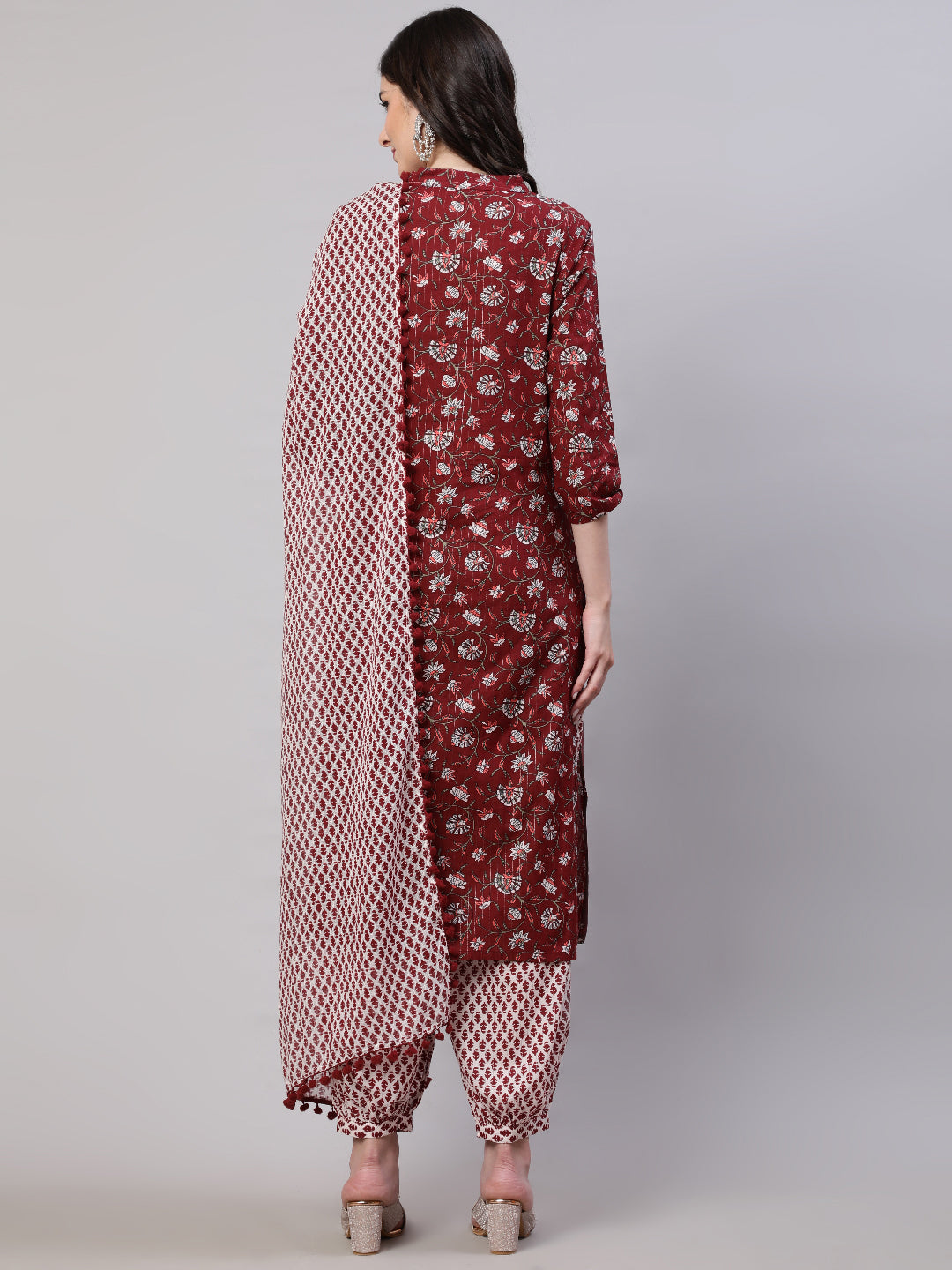 Maroon Floral Print Kurta Palazzo With Dupatta