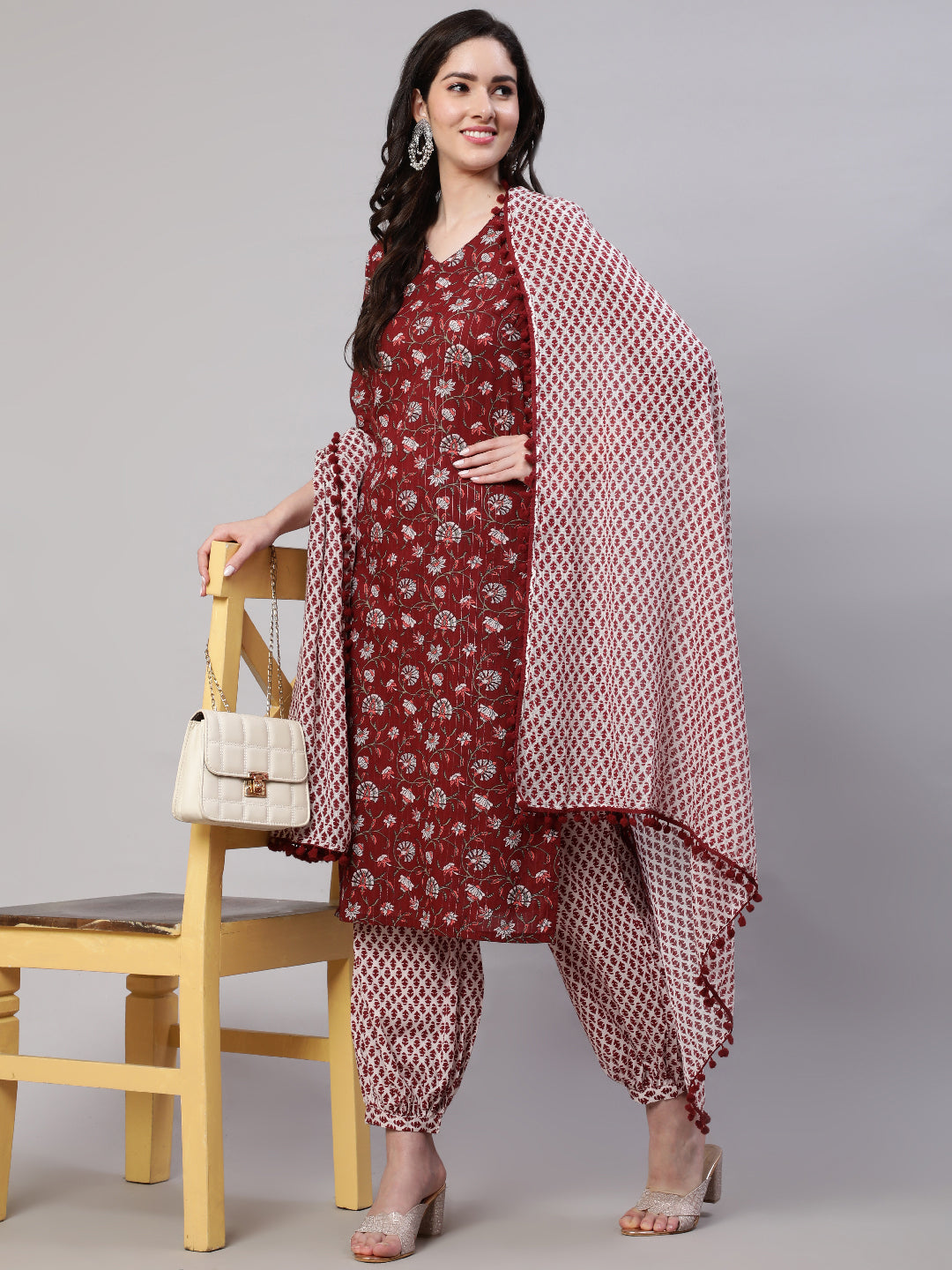 Maroon Floral Print Kurta Palazzo With Dupatta